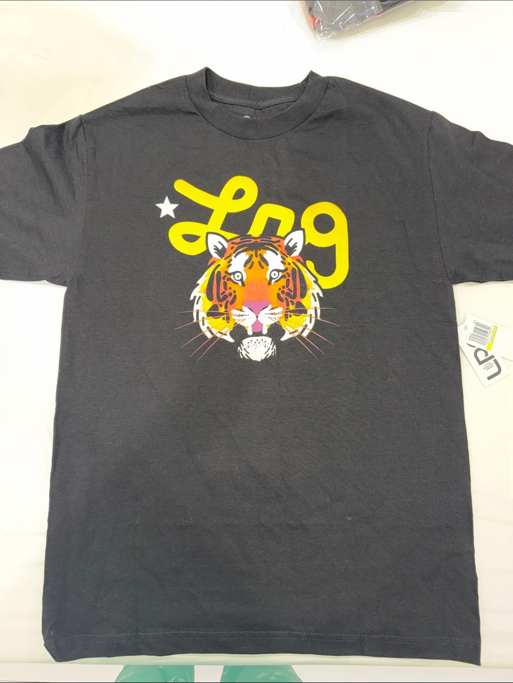 LRG Black Tee with Yellow Script and Multicolor Tiger